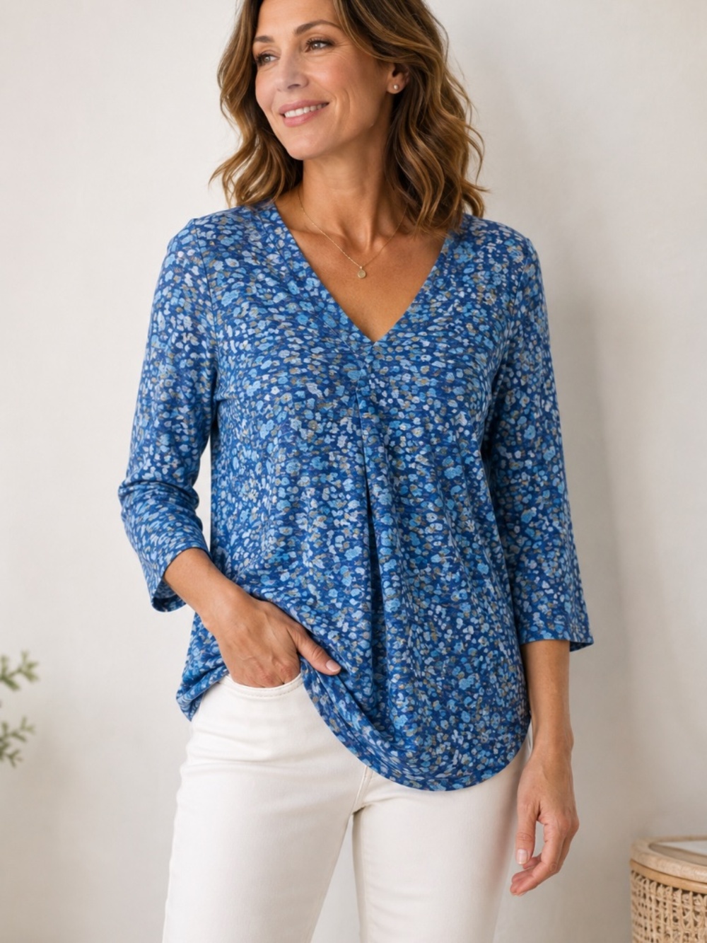 French Dressing Jeans Blue Abstract Print V-Neck 3/4 Sleeve Knit Top L | Boho